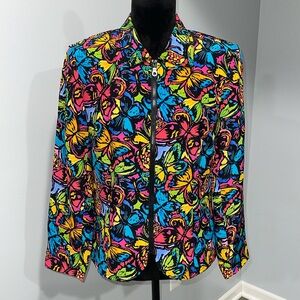 Maggy London Butterfly Print 100% silk jacket Vintage size 8 zipper closure
